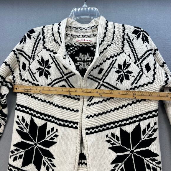 Love, Hannah Sweater Women's S Beige Black Cardigan Fir-Isle Merino Wool Cozy - Picture 8 of 9